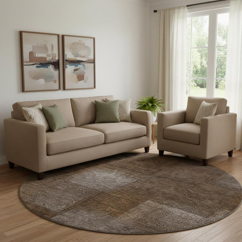 HomeRoots 8' Chocolate and Ivory Abstract Washable Round Rug – Stylish, Durable, UV-Protected for Any Space! 662558