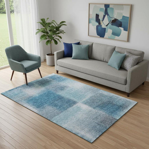 HomeRoots 5' X 8' Denim Blue & Ivory Abstract Area Rug – Washable, UV Protected, Durable & Stylish for Any Space 662563