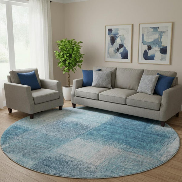 HomeRoots 8' Washable Round Rug in Denim Blue & Ivory - Stylish, Stain-Resistant with UV Protection for Homes 662564