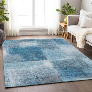 HomeRoots 8' X 10' Denim Blue & Ivory Abstract Area Rug - Washable, UV-Protected, Durable, Modern Style! 662565
