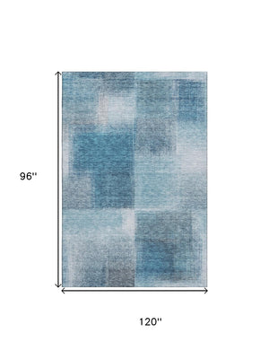 HomeRoots 8' X 10' Denim Blue & Ivory Abstract Area Rug - Washable, UV-Protected, Durable, Modern Style! 662565