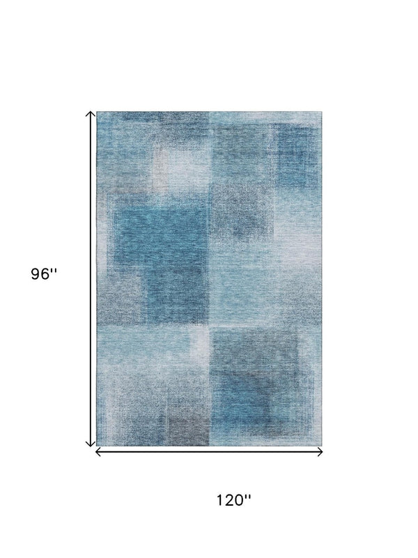 HomeRoots 8' X 10' Denim Blue & Ivory Abstract Area Rug - Washable, UV-Protected, Durable, Modern Style! 662565