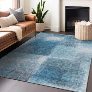 HomeRoots 8' X 10' Denim Blue & Ivory Abstract Area Rug - Washable, UV-Protected, Durable, Modern Style! 662565