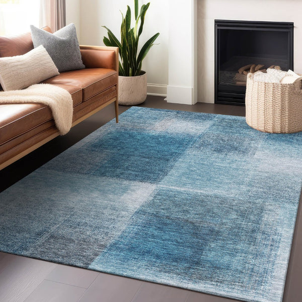 HomeRoots 8' X 10' Denim Blue & Ivory Abstract Area Rug - Washable, UV-Protected, Durable, Modern Style! 662565