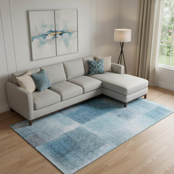 HomeRoots 8' X 10' Denim Blue & Ivory Abstract Area Rug - Washable, UV-Protected, Durable, Modern Style! 662565