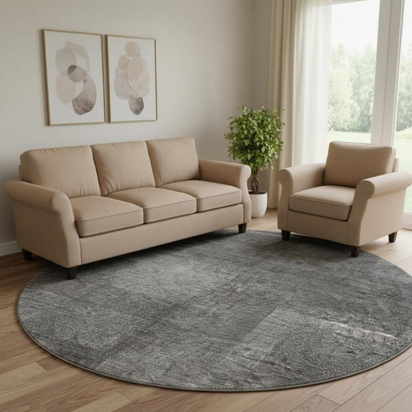 HomeRoots 8' Gray And Ivory Abstract Round Rug - Washable, UV-Protected, Stylish for High-Traffic Areas 662570