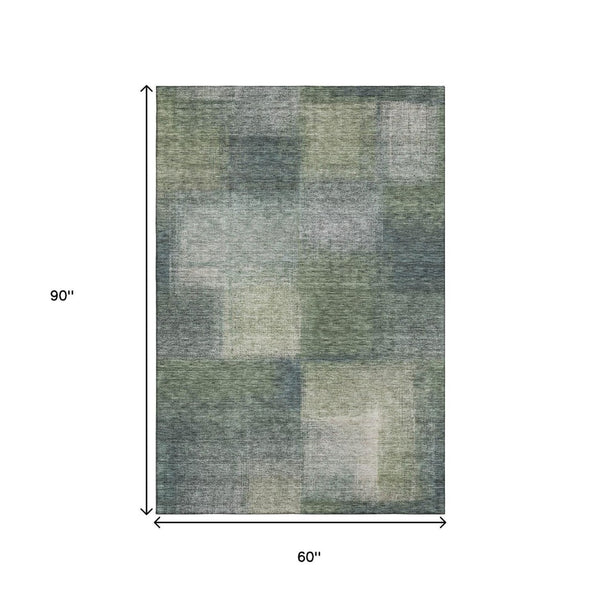 HomeRoots 5' X 8' Olive Green Ivory & Gray Abstract Area Rug – Washable, UV Protected, Family-Friendly Design 662575