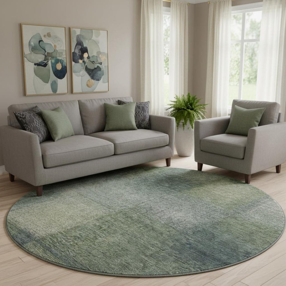 HomeRoots 8' Olive Green, Ivory & Gray Abstract Washable Round Rug – Durable, Stain-Resistant & UV Protected! 662576