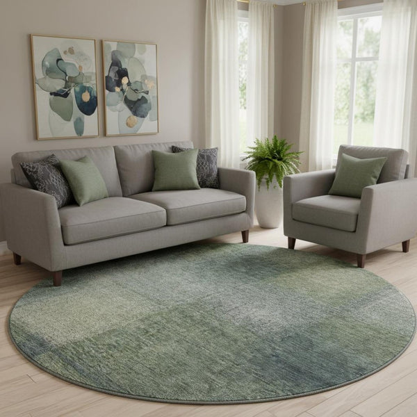 HomeRoots 8' Olive Green, Ivory & Gray Abstract Washable Round Rug – Durable, Stain-Resistant & UV Protected! 662576