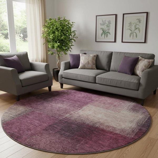 HomeRoots 8' Plum And Beige Abstract Washable Round Rug – Durable, UV-Protected, Ideal for Homes with Kids & Pets 662582