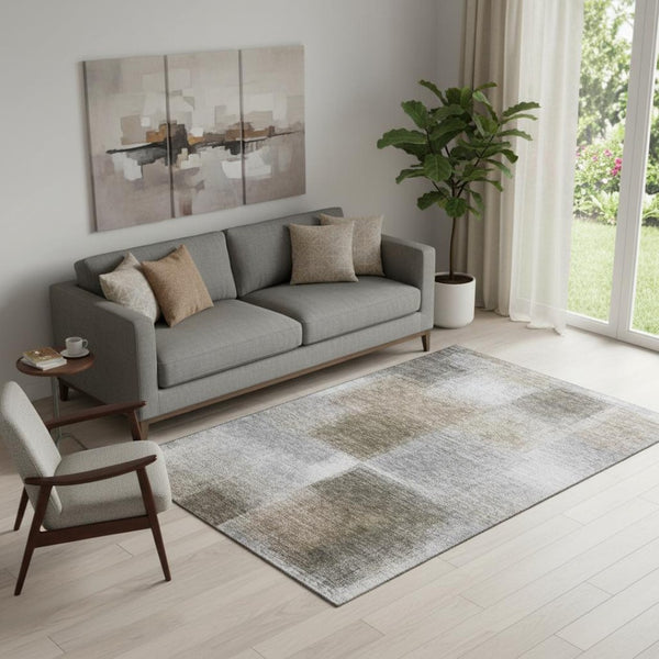 HomeRoots 5' X 8' Modern Silver Beige & Gray Abstract Washable Area Rug with UV Protection for Busy Homes 662587