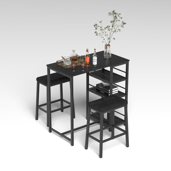 English Elm Dining Table Set for 2 with 3-Tier Storage Shelves, Counter Height PU Leather Stools, Space-Saving Black W2129P297195