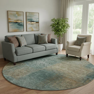 HomeRoots 8' Teal and Brown Abstract Round Rug – Washable, UV Protected, Stain Resistant, Ideal for Busy Homes 662600