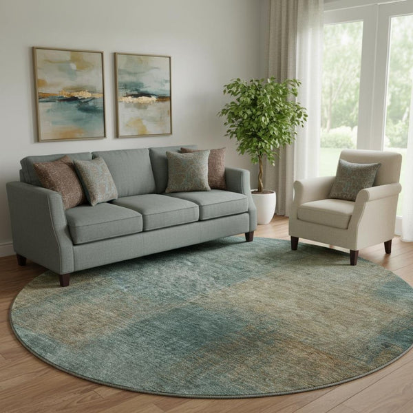 HomeRoots 8' Teal and Brown Abstract Round Rug – Washable, UV Protected, Stain Resistant, Ideal for Busy Homes 662600