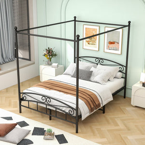 English Elm Queen Metal Canopy Bed Frame with Headboard & Footboard, Black Steel, 500lb Capacity, 12.4" Storage W84034157
