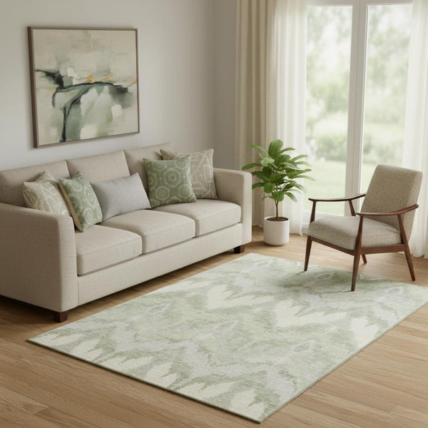 HomeRoots 5' X 8' Artichoke Green Ikat Area Rug - Durable, Washable, UV-Protected for Modern Living Spaces 662605