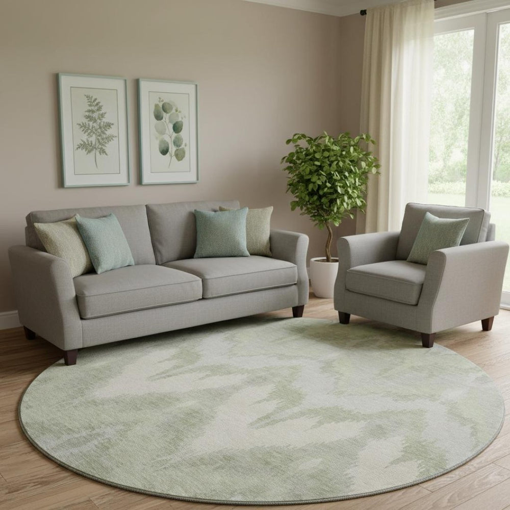 HomeRoots 8' Ikat Washable Round Rug in Artichoke Green & Ivory - Stylish, Durable, UV-Protected for All Spaces 662606