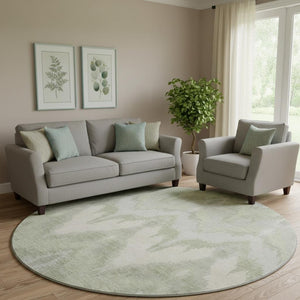HomeRoots 8' Ikat Washable Round Rug in Artichoke Green & Ivory - Stylish, Durable, UV-Protected for All Spaces 662606