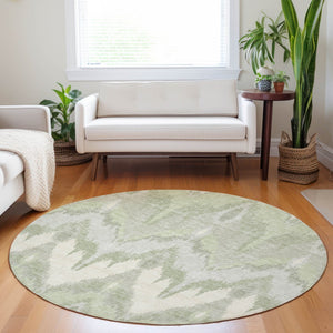 HomeRoots 8' Ikat Washable Round Rug in Artichoke Green & Ivory - Stylish, Durable, UV-Protected for All Spaces 662606