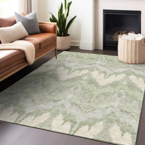 HomeRoots 8' X 10' Artichoke Green Ikat Washable Area Rug - Stain Resistant, UV Protected for Busy Homes! 662607