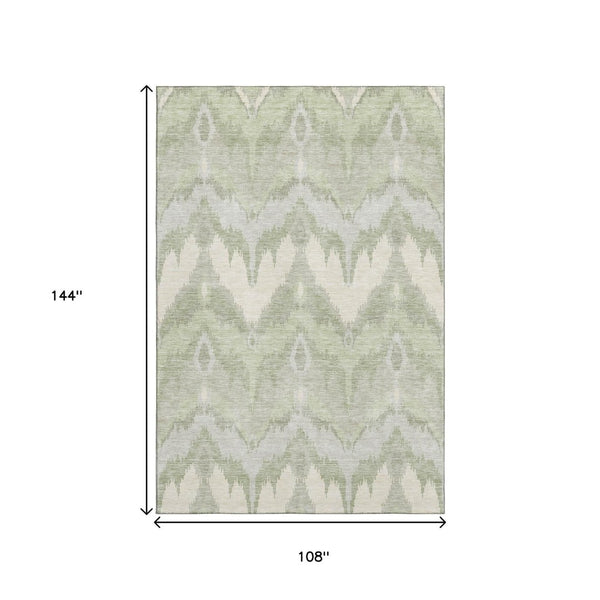 HomeRoots 9' X 12' Artichoke Green Ikat Area Rug - Washable, UV Protected, Stylish & Durable for Family Spaces 662608