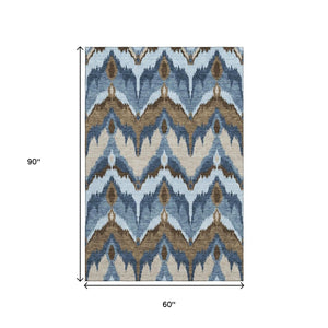 HomeRoots 5' X 8' Stylish Ikat Washable Area Rug - Blue, Brown & Beige, Durable, UV-Protected & Easy-Clean! 662617
