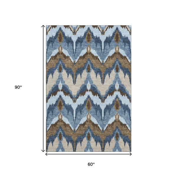HomeRoots 5' X 8' Stylish Ikat Washable Area Rug - Blue, Brown & Beige, Durable, UV-Protected & Easy-Clean! 662617