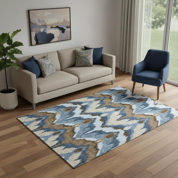 HomeRoots 5' X 8' Stylish Ikat Washable Area Rug - Blue, Brown & Beige, Durable, UV-Protected & Easy-Clean! 662617