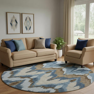 HomeRoots 8' Stylish Blue, Brown & Beige Ikat Washable Round Rug - UV Protected, Durable, and Easy Care! 662618