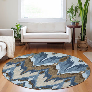 HomeRoots 8' Stylish Blue, Brown & Beige Ikat Washable Round Rug - UV Protected, Durable, and Easy Care! 662618
