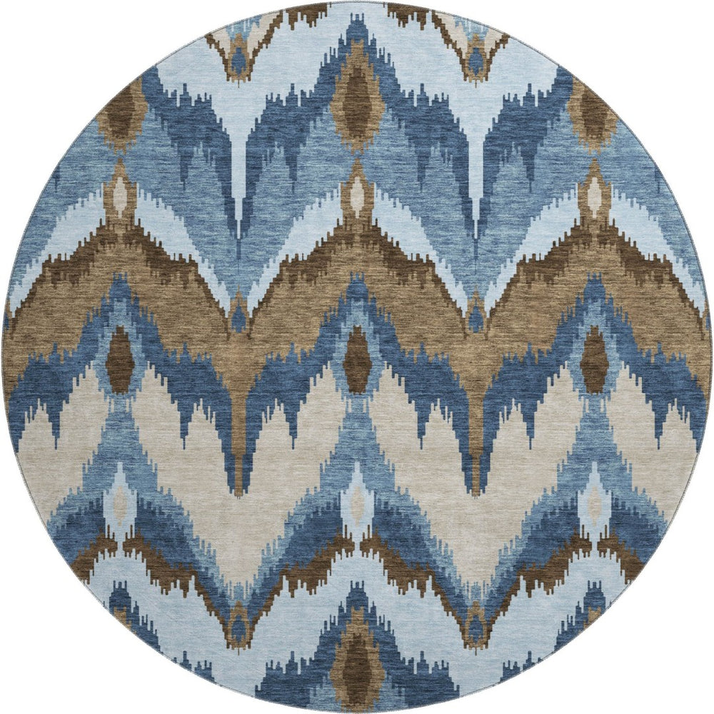 HomeRoots 8' Stylish Blue, Brown & Beige Ikat Washable Round Rug - UV Protected, Durable, and Easy Care! 662618