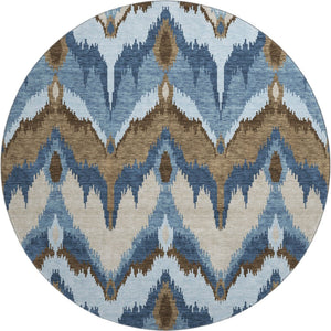 HomeRoots 8' Stylish Blue, Brown & Beige Ikat Washable Round Rug - UV Protected, Durable, and Easy Care! 662618