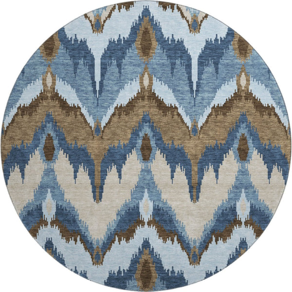 HomeRoots 8' Stylish Blue, Brown & Beige Ikat Washable Round Rug - UV Protected, Durable, and Easy Care! 662618
