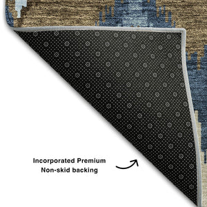HomeRoots 8' Stylish Blue, Brown & Beige Ikat Washable Round Rug - UV Protected, Durable, and Easy Care! 662618