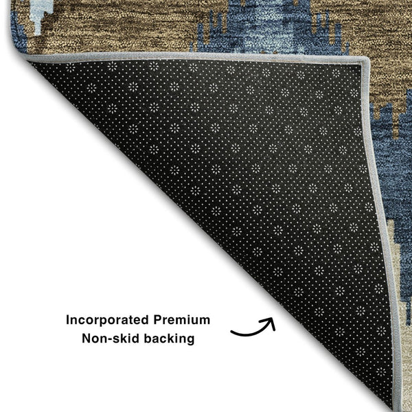 HomeRoots 8' Stylish Blue, Brown & Beige Ikat Washable Round Rug - UV Protected, Durable, and Easy Care! 662618