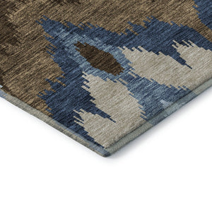 HomeRoots 8' Stylish Blue, Brown & Beige Ikat Washable Round Rug - UV Protected, Durable, and Easy Care! 662618
