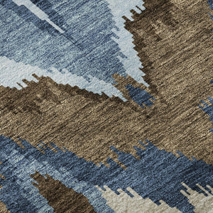 HomeRoots 8' Stylish Blue, Brown & Beige Ikat Washable Round Rug - UV Protected, Durable, and Easy Care! 662618