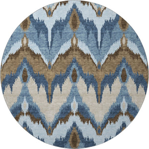 HomeRoots 8' Stylish Blue, Brown & Beige Ikat Washable Round Rug - UV Protected, Durable, and Easy Care! 662618