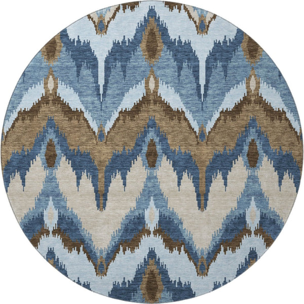 HomeRoots 8' Stylish Blue, Brown & Beige Ikat Washable Round Rug - UV Protected, Durable, and Easy Care! 662618