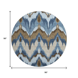 HomeRoots 8' Stylish Blue, Brown & Beige Ikat Washable Round Rug - UV Protected, Durable, and Easy Care! 662618