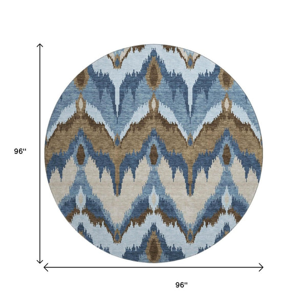 HomeRoots 8' Stylish Blue, Brown & Beige Ikat Washable Round Rug - UV Protected, Durable, and Easy Care! 662618
