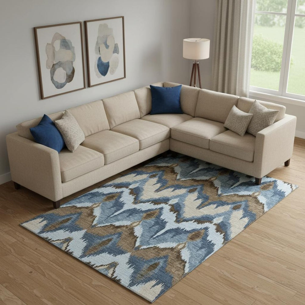 HomeRoots 8' X 10' Washable Ikat Area Rug in Blue, Brown & Beige - UV Protected, Stain-Resistant & Family-Friendly! 662619