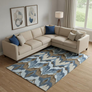 HomeRoots 8' X 10' Washable Ikat Area Rug in Blue, Brown & Beige - UV Protected, Stain-Resistant & Family-Friendly! 662619