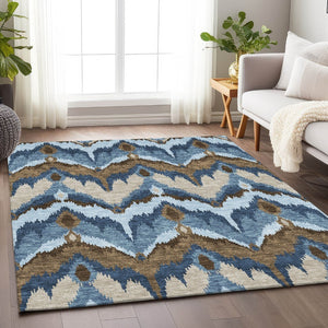 HomeRoots 8' X 10' Washable Ikat Area Rug in Blue, Brown & Beige - UV Protected, Stain-Resistant & Family-Friendly! 662619