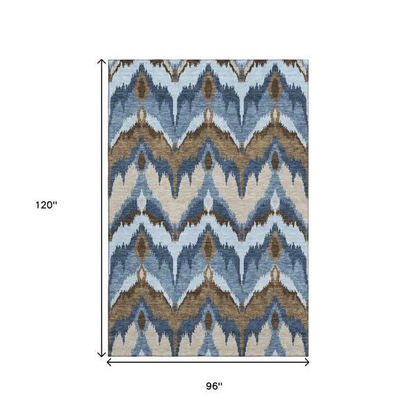 HomeRoots 8' X 10' Washable Ikat Area Rug in Blue, Brown & Beige - UV Protected, Stain-Resistant & Family-Friendly! 662619