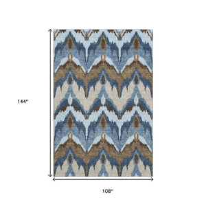 HomeRoots 9' X 12' Washable Ikat Area Rug in Blue, Brown & Beige - UV Protected, Stylish & Durable for Homes 662620