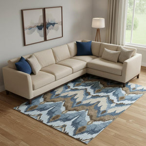 HomeRoots 9' X 12' Washable Ikat Area Rug in Blue, Brown & Beige - UV Protected, Stylish & Durable for Homes 662620