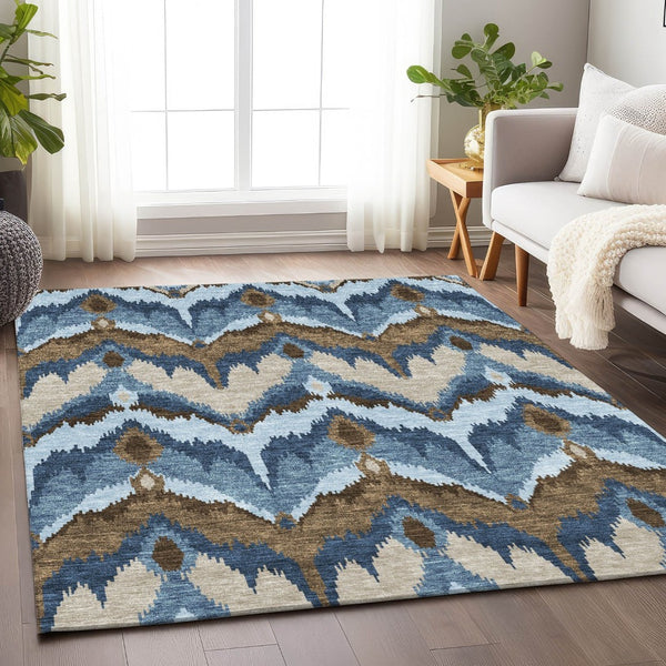 HomeRoots 9' X 12' Washable Ikat Area Rug in Blue, Brown & Beige - UV Protected, Stylish & Durable for Homes 662620