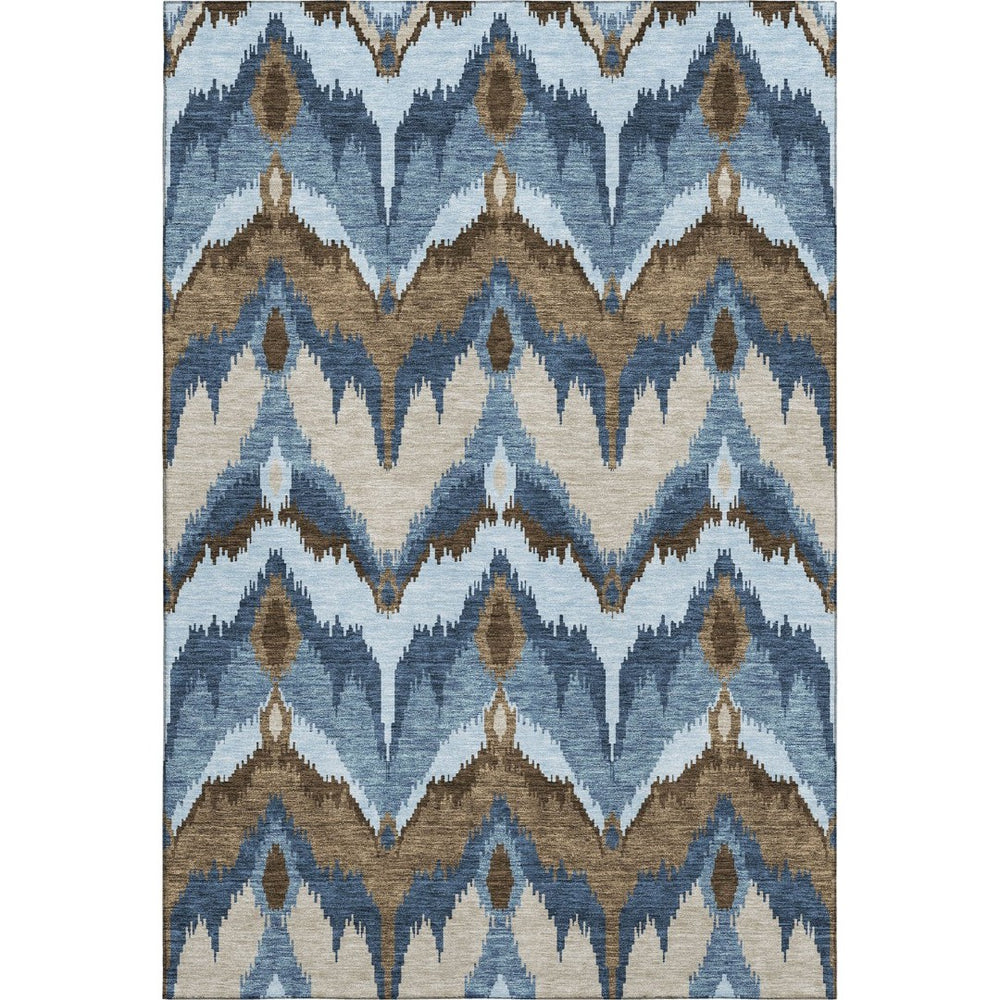 HomeRoots 9' X 12' Washable Ikat Area Rug in Blue, Brown & Beige - UV Protected, Stylish & Durable for Homes 662620