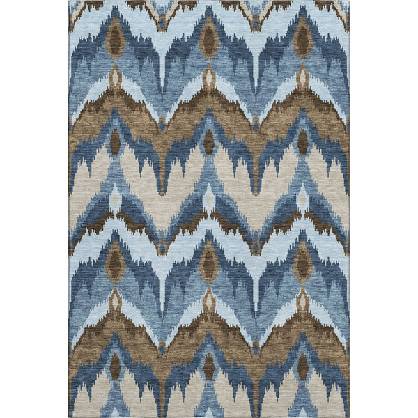 HomeRoots 9' X 12' Washable Ikat Area Rug in Blue, Brown & Beige - UV Protected, Stylish & Durable for Homes 662620